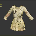 Elegant Floral Pattern V Neck Long Sleeve Dress With Layered Skirt And Feminine Design