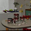 White Modern Dining Table With Metal Storage Tins Fruits Vase And Building Blocks