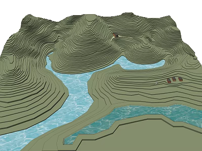 Scenic Lush Terraced Mountain Landscape With Winding River And Blue Water 3d model
