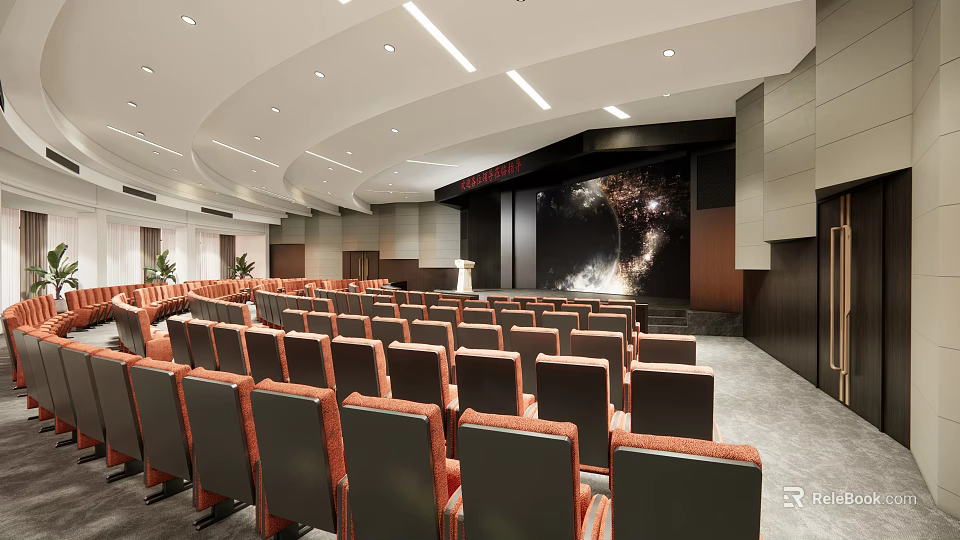 Large Modern Conference Room With Rows of Seats Presentation Screen and Ceiling Lighting 3d model 