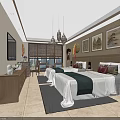 Hotel Guest Room Featuring Twin Beds Hanging Chandeliers Decorative Paintings Area Rug And Wall Decorations