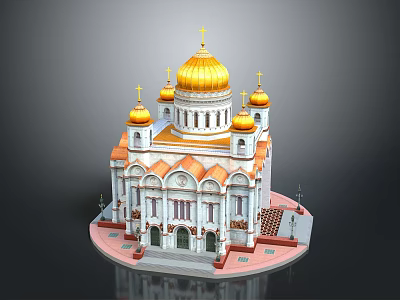 Cartoon Scene of White Building with Golden Domes Orange Decorations and Crosses 3d model
