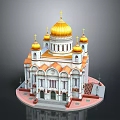 Cartoon Scene of White Building with Golden Domes Orange Decorations and Crosses