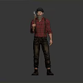 A Man Wearing Red Plaid Shirt And Suspenders Holding Axe With Hat