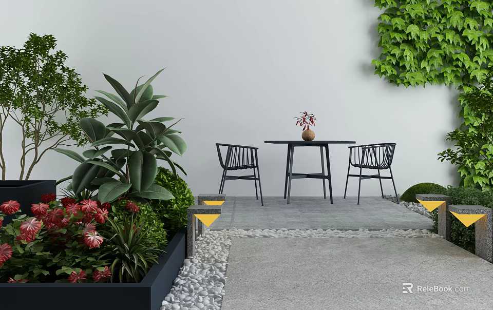 Cozy Garden Nook With Black Chairs Table Lush Green Plants Colorful Flowers And Stone Pathway 3d model 