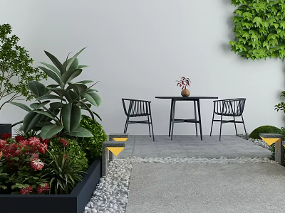 Cozy Garden Nook With Black Chairs Table Lush Green Plants Colorful Flowers And Stone Pathway 3d model