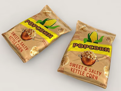 Sweet and Salty Kettle Corn Popcorn Snack in Brown Packaging Bags 3d model