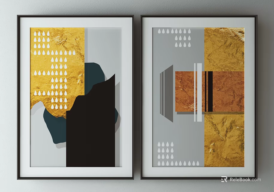 Modern Abstract Wall Art With Geometric Shapes Golden Gray And Black Frames 3d model 