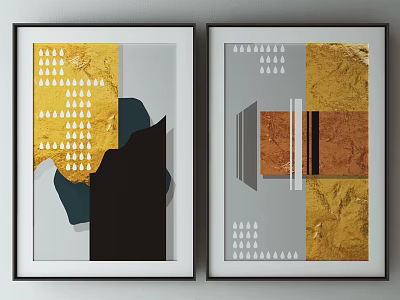 Modern Abstract Wall Art With Geometric Shapes Golden Gray And Black Frames 3d model