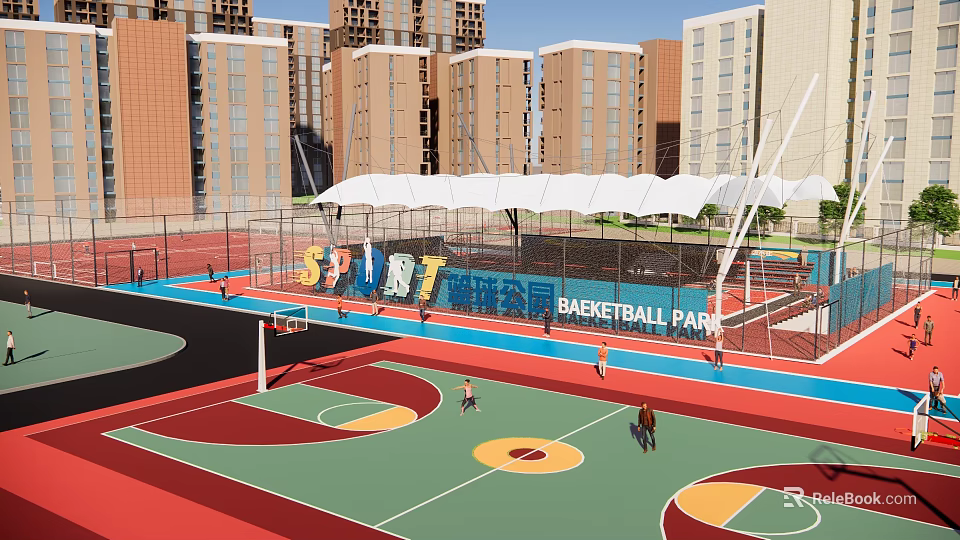 Colorful Basketball Park With High Rise Buildings People Playing Sport Themed Court Area 3d model 