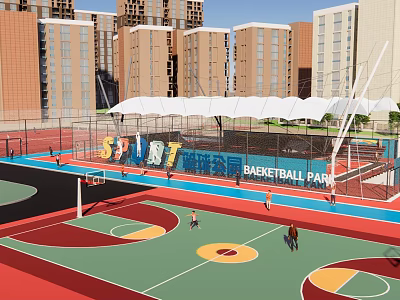 Colorful Basketball Park With High Rise Buildings People Playing Sport Themed Court Area 3d model