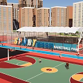 Colorful Basketball Park With High Rise Buildings People Playing Sport Themed Court Area