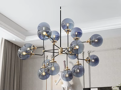 Modern Chandelier With Blue Glass Globes And Golden Metal Frame In Living Room Interior 3d model