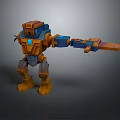 3D Game Movie Robot Character With Orange Blue Mechanical Armor And Weapon Arm