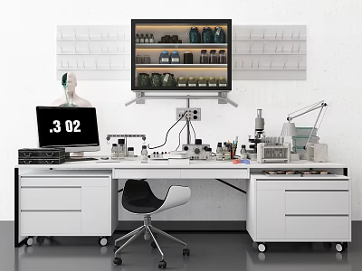 Functional Desk in Modern Workspace with Computer Instruments Drawers Chair and Wall Shelves 3d model