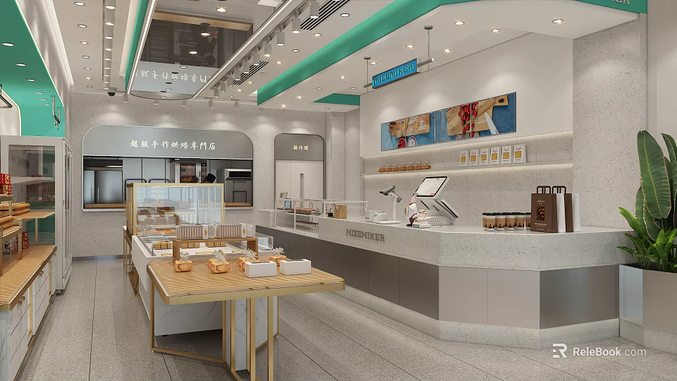 Modern Dessert Shop Interior With Display Cases And Pastries 3d model