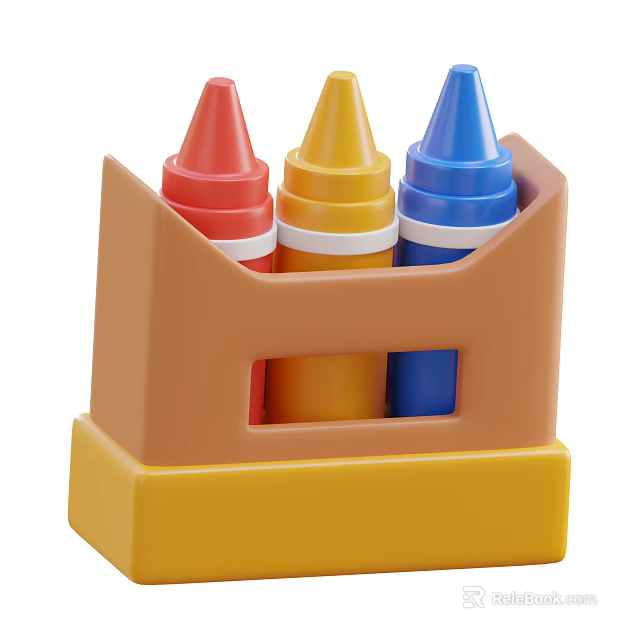 Colorful Red Yellow Blue Crayons in Brown and Yellow Storage Box for Kids 3d model 