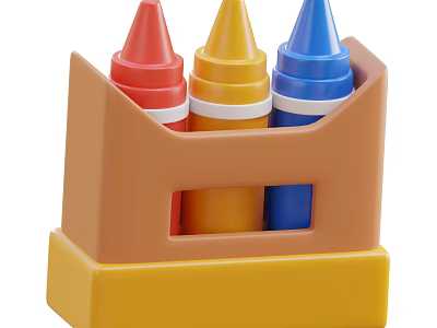 Colorful Red Yellow Blue Crayons in Brown and Yellow Storage Box for Kids 3d model