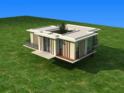 Modern Style Vacation Home Building With Roof Garden And Glass Windows On Green Grassland 3d model