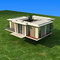 Modern Style Vacation Home Building With Roof Garden And Glass Windows On Green Grassland