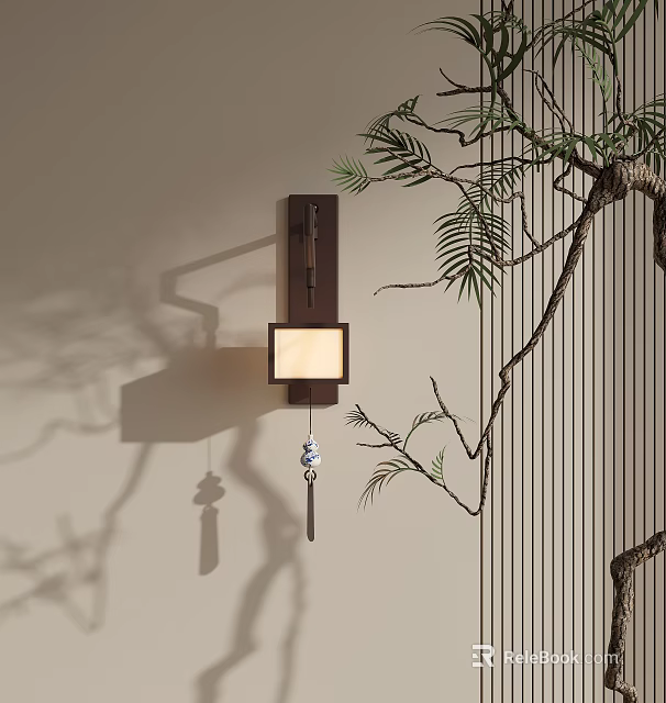 Oriental Natural Wall Lamp With Bamboo Branch Light Shadow And Hanging Decoration 3d model 
