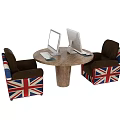 Wooden Round Table And Brown Chairs Set With Union Jack Pattern And Computer Monitors 3d model