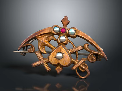 Vintage Golden Metal Brooch With Central Ruby Pearl Accents Heart Cross And Scrollwork Design 3d model