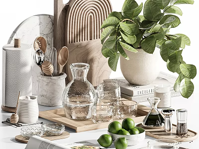 Decorative Ornament Combination With Green Plant Glass Vase Wooden Tray And Glassware 3d model