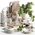 Decorative Ornament Combination With Green Plant Glass Vase Wooden Tray And Glassware
