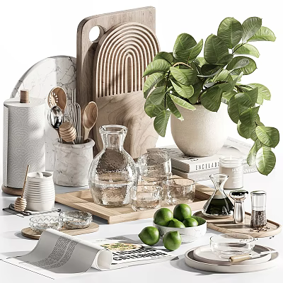 Decorative Ornament Combination With Green Plant Glass Vase Wooden Tray And Glassware 3d model