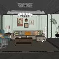 Light Green Living Room with Chandelier Framed Paintings Beige Sofa and Green Armchair