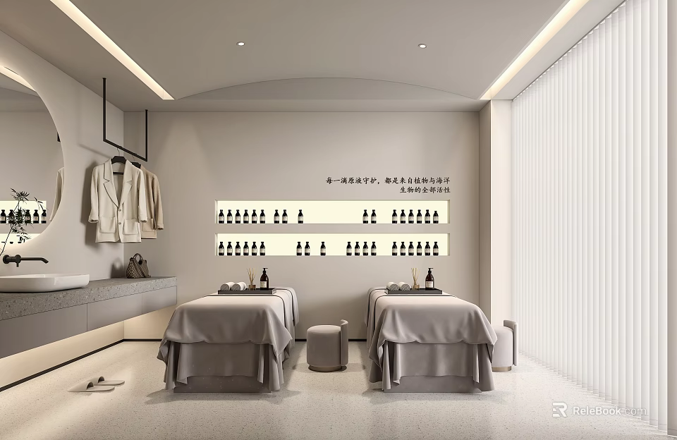Modern Beauty Salon Interior With Two Treatment Beds Hanging White Towels Mirror And Product Shelves 3d model 