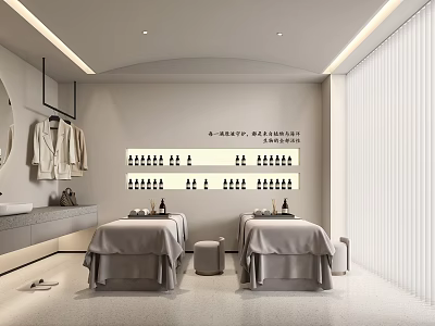 Modern Beauty Salon Interior With Two Treatment Beds Hanging White Towels Mirror And Product Shelves 3d model