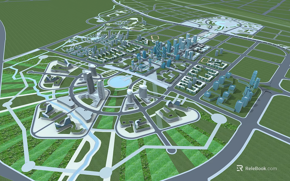 Urban Planning 3D Model With High Rise Buildings Road Networks Green Spaces And Water Features 3d model 