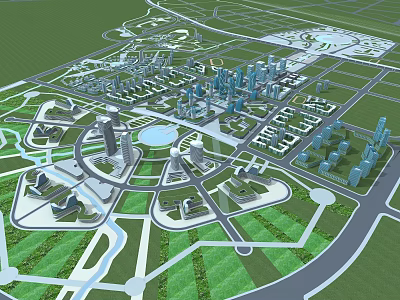 Urban Planning 3D Model With High Rise Buildings Road Networks Green Spaces And Water Features 3d model