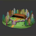 Scenic Forest Landscape With Orange Roofed Cabin Green Pine Trees Yellow Path And Stone Steps