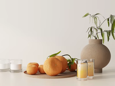 Tabletop Decorative Ornament Set With Vase Oranges Candles And Green Plant 3d model