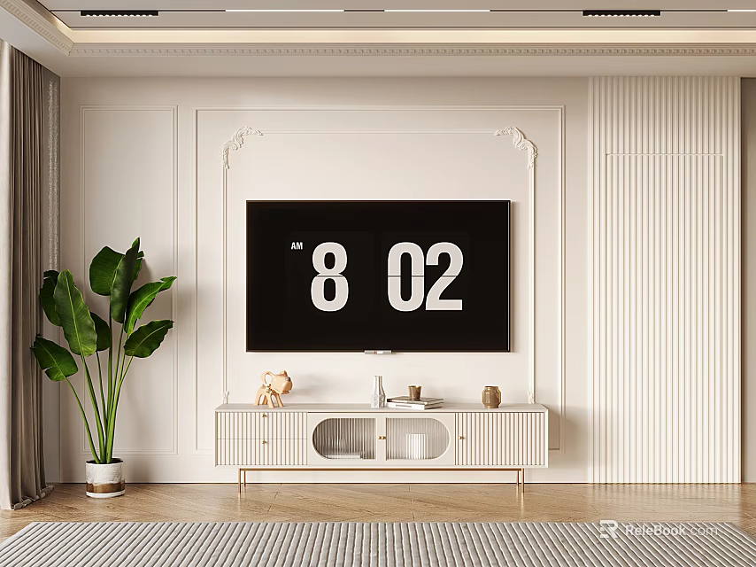 Modern White TV Stand With TV Decorative Items And Green Plant In Living Room 3d model 