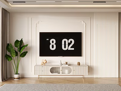 Modern White TV Stand With TV Decorative Items And Green Plant In Living Room 3d model