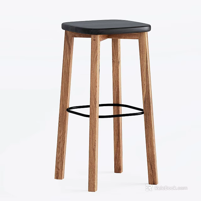 Modern Wooden Bar Stool With Black Seat And Footrest For Home Kitchen 3d model 