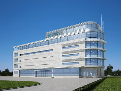 Modern Office Building Exterior With Glass Curtain Wall And Green Lawn 3d model