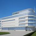 Modern Office Building Exterior With Glass Curtain Wall And Green Lawn
