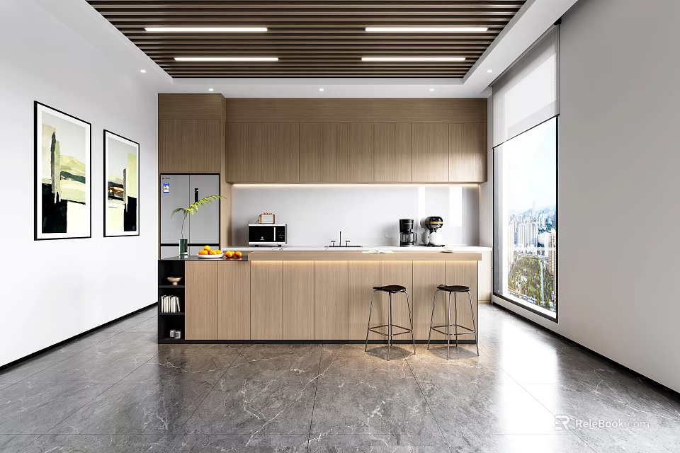 Modern Casual Area With Wooden Cabinets Bar Stools Window And Decorative Paintings 3d model 