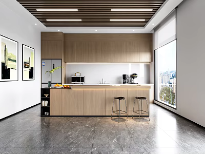 Modern Casual Area With Wooden Cabinets Bar Stools Window And Decorative Paintings 3d model