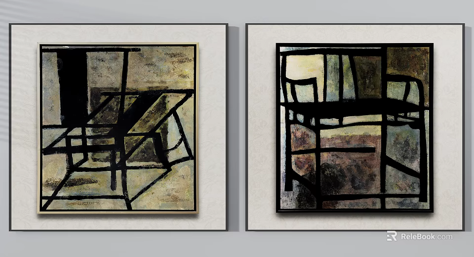 Geometric Abstract Paintings With Black Lines And Neutral Tones For Interior Decor 3d model 