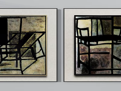 Geometric Abstract Paintings With Black Lines And Neutral Tones For Interior Decor 3d model
