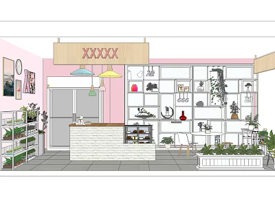 Bubble Tea Shop Pink Interior With Green Plants Wooden Sign White Counter And Decorative Shelves 3d model