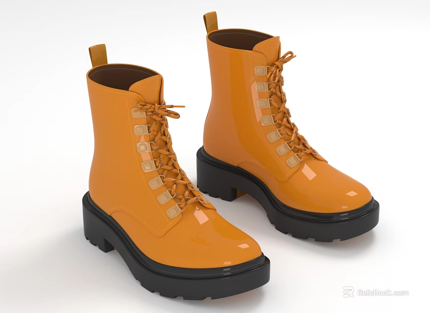 Stylish Yellow Patent Leather Boots With Laces And Black Thick Sole Design 3d model 