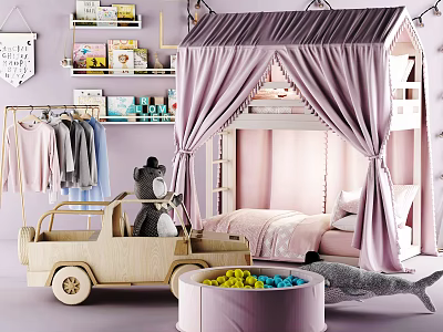 Adorable Pink Canopy Kids Bed With Wooden Toy Car Stuffed Bear And Colorful Ball Pit 3d model