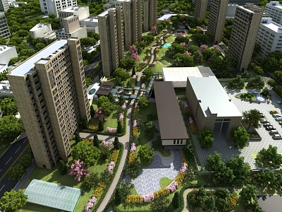 Birds Eye View Planning of Modern Residential Community with Tall Buildings Green Spaces and Gardens 3d model